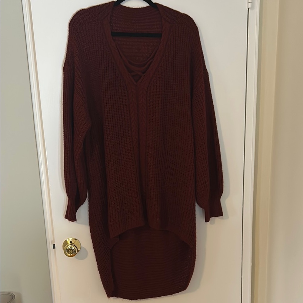 SHEIN Burgundy V-Neck Sweater with Long Sleeves